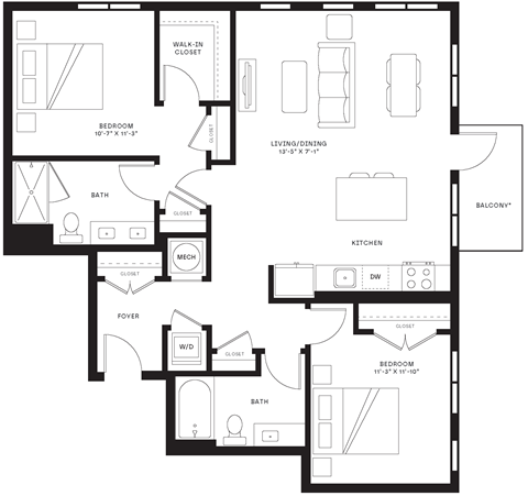 Floor plan for 2 beds, 2 baths, 1177 sqft